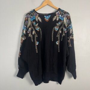 VTG Bonnie Boerer Floral Sequin Sweater Size 1X Black knit Y2K 90s beaded